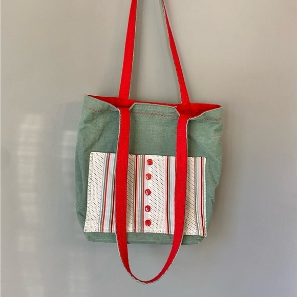 Vintage Handmade Sage Green & Poppy Red Corduroy Bag with Buttons - Picture 8 of 14